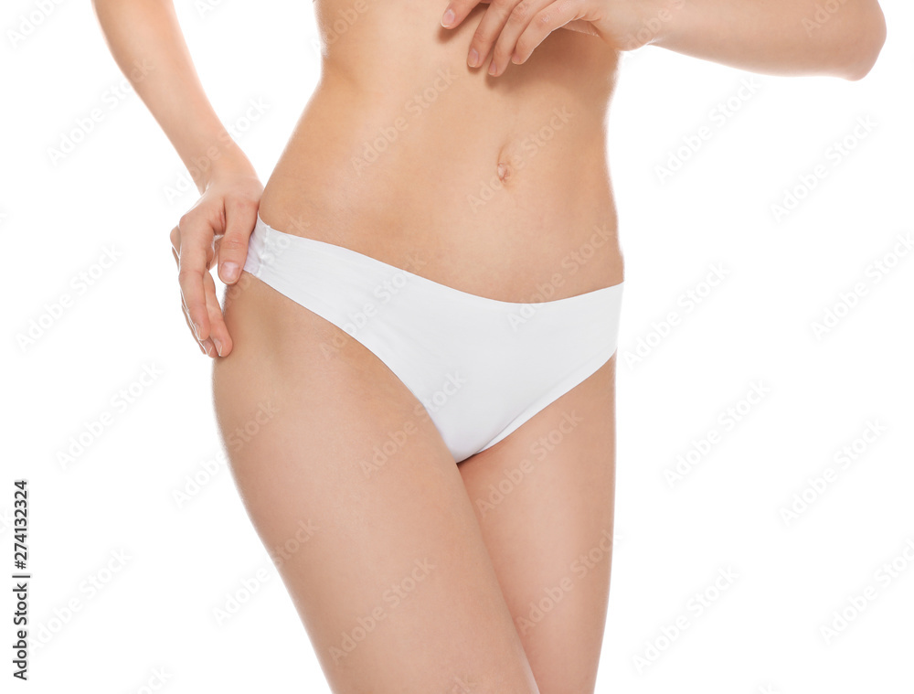 Slim young woman with smooth gentle skin on white background, closeup. Beauty and body care concept Slim young woman with smooth gentle skin on white background, closeup. Beauty and body care concept
