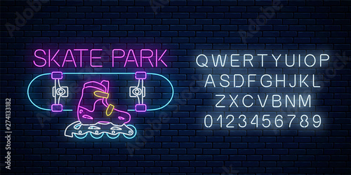 Skatepark glowing neon sign with alphabet. Skating on skateboard and rollers zone symbol in neon style.