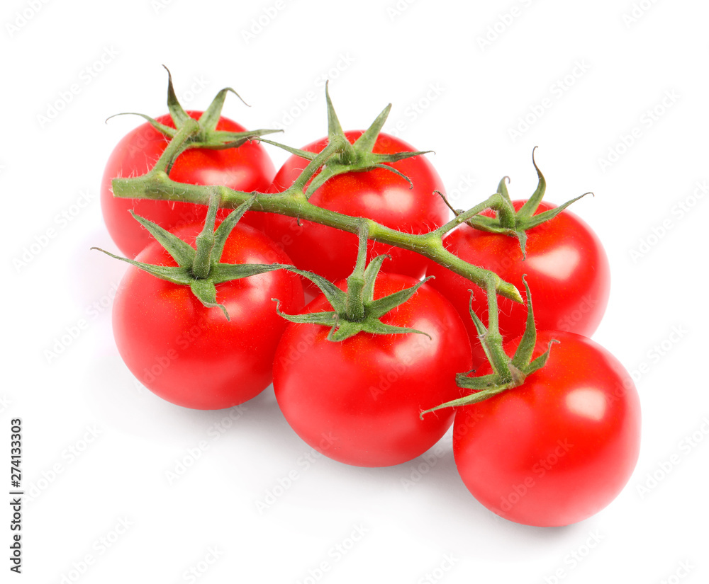 Branch of fresh cherry tomatoes isolated on white Branch of fresh cherry tomatoes isolated on white
