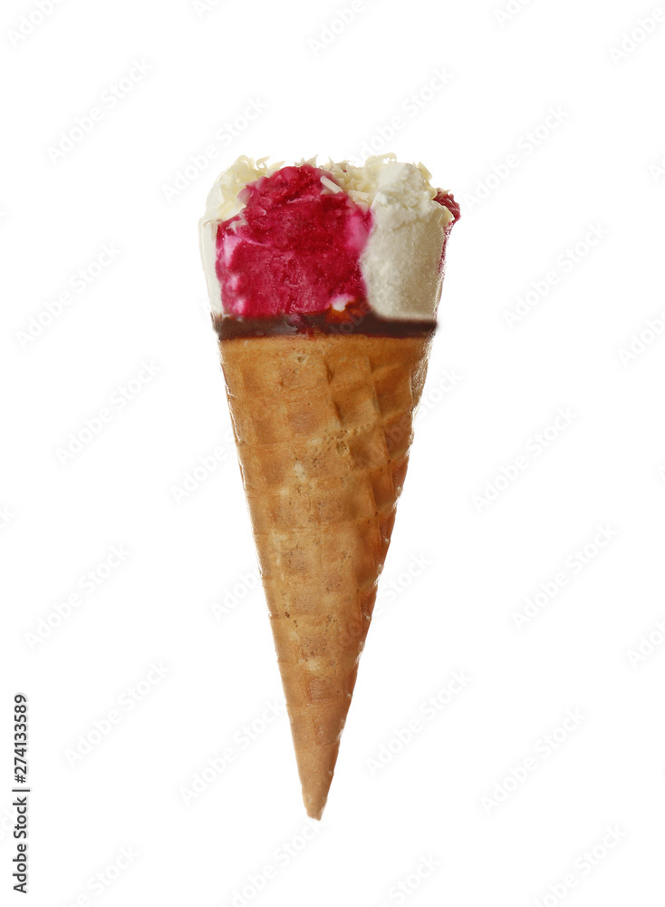 Woman holding waffle cone with delicious ice cream on white background Woman holding waffle cone with delicious ice cream on white background