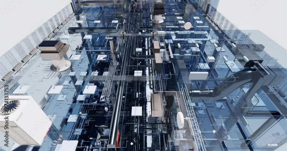 Top view visualization of a BIM model of utilites of building with transparent walls	