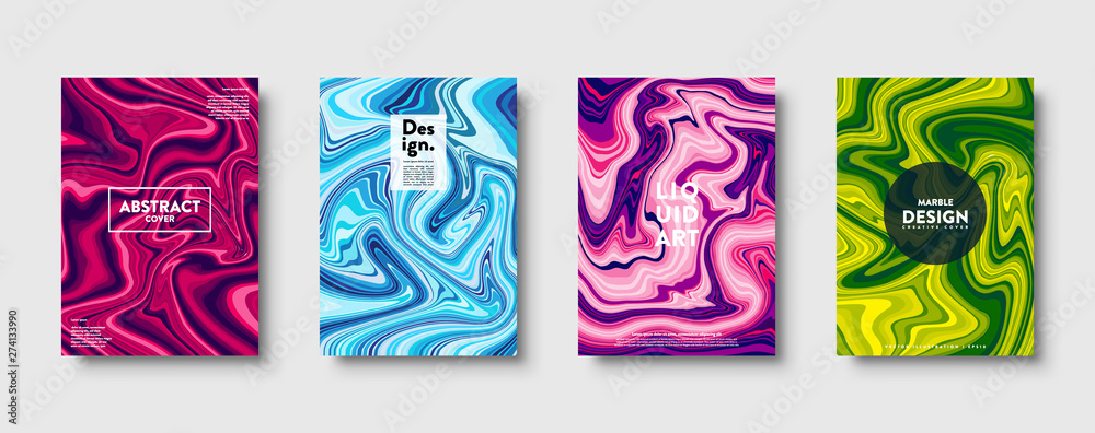 Colorful abstract geometric background. Liquid dynamic lined gradient waves. Fluid marble texture. Modern covers set. Eps10 vector.