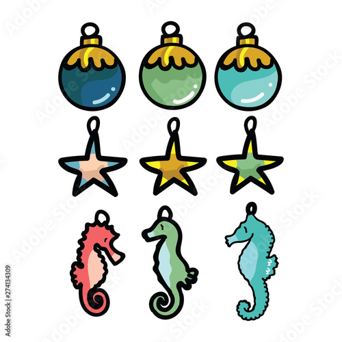 Cute nautical christmas bauble set cartoon vector illustration motif set. Hand drawn isolated festive starfish tree decoration elements clipart for xmas blog, seahorse graphic.