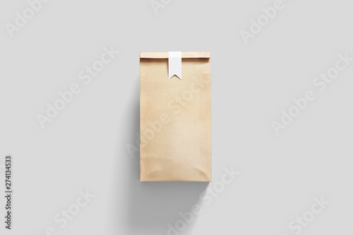 Foil Paper Food Bag Package with label on soft gray Background. Mock Up Template Ready For Your Design. Product Packing.3D rendering