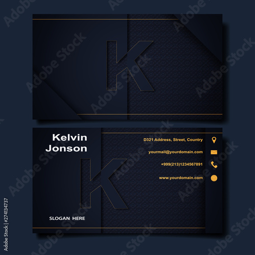 Elegant corporate business card or name card with initial letter K. Stylish logo forming the letter K business card template. Contact card for company. Flat user interface. Gold and dark colors.