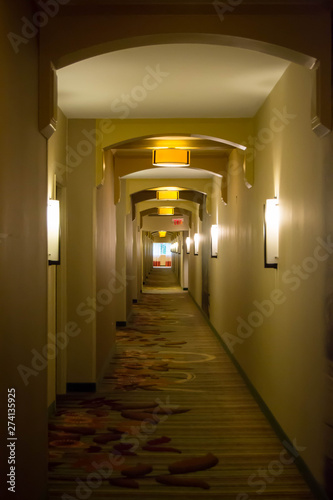 Down a hotel hallway