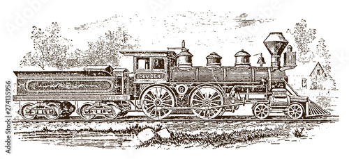 Historical locomotive. Standard passenger and express engine from 1878. Illustration after engraving from 19th century