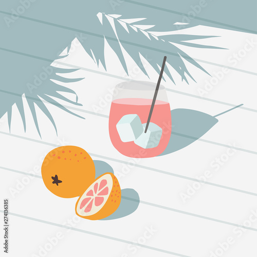 Tropical summer greeting card, invitation. Cocktail drink with ice, grapefruit, orange fruit. White table backgound in sunny day, palm leaf shadow. Vacation, party concept. Vector illustration