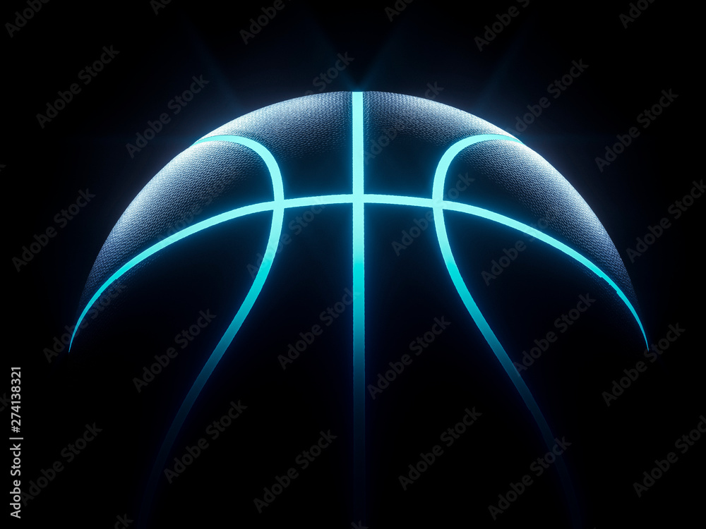 3D rendering of Futuristic basketball ball with blue glowing neon lights