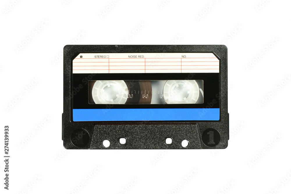 Audio compact cassette. Analog tape format for audio playing and recording. Audio cassette with blue line isolated on white background. Audio compact cassette. Analog tape format for audio playing and recording. Audio cassette with blue line isolated on white background.