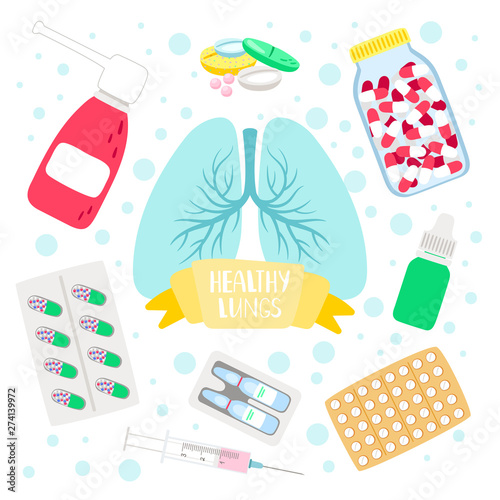 Healthy lungs medicine. Clean lungs prevention, healthy breathing therapy, respiratory diseases and smoking, asthma, pulmonary insufficiency cupping pills and drugs, vector illustration