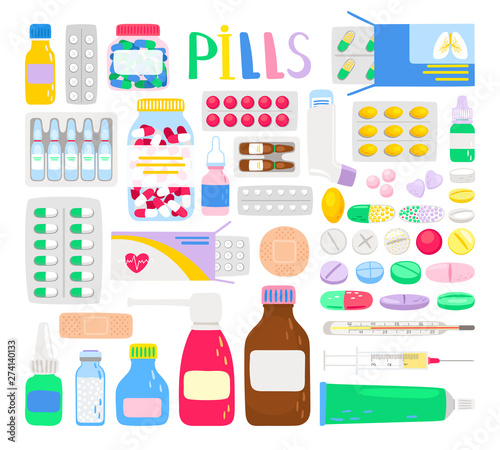 Medicines and medications. Treatment pills and analgesic tablets, aspirin bottle container and throat spray, plaster, syringe and ointment for hospital or store, vector illustration