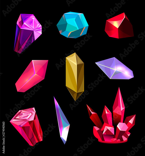 Set of isolated crystals, casual realistic icons for game. Gem stones with transparent outgrowths, rock crystal, isolated graphic elements