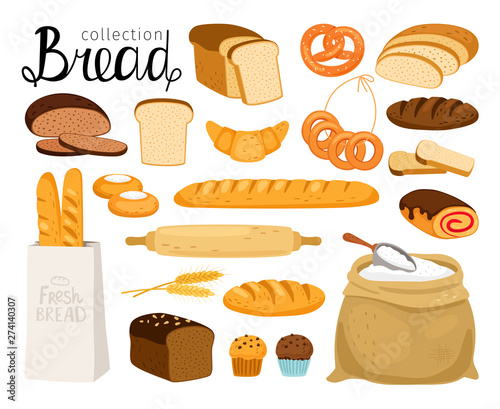 Vector bread collection. Cuisine cartoon bakery food, bagel and baguette, wheat bread slices for breakfast, croissant and small pretzel, flour and grain set