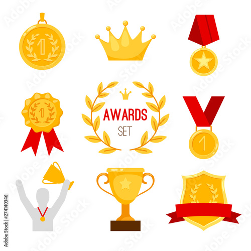 Award trophy and medal. Simple awards colored line icons set, winner badge, ribbon and trophy cup prize, win laurel wreath and champion medallion, success crown, vector illustration
