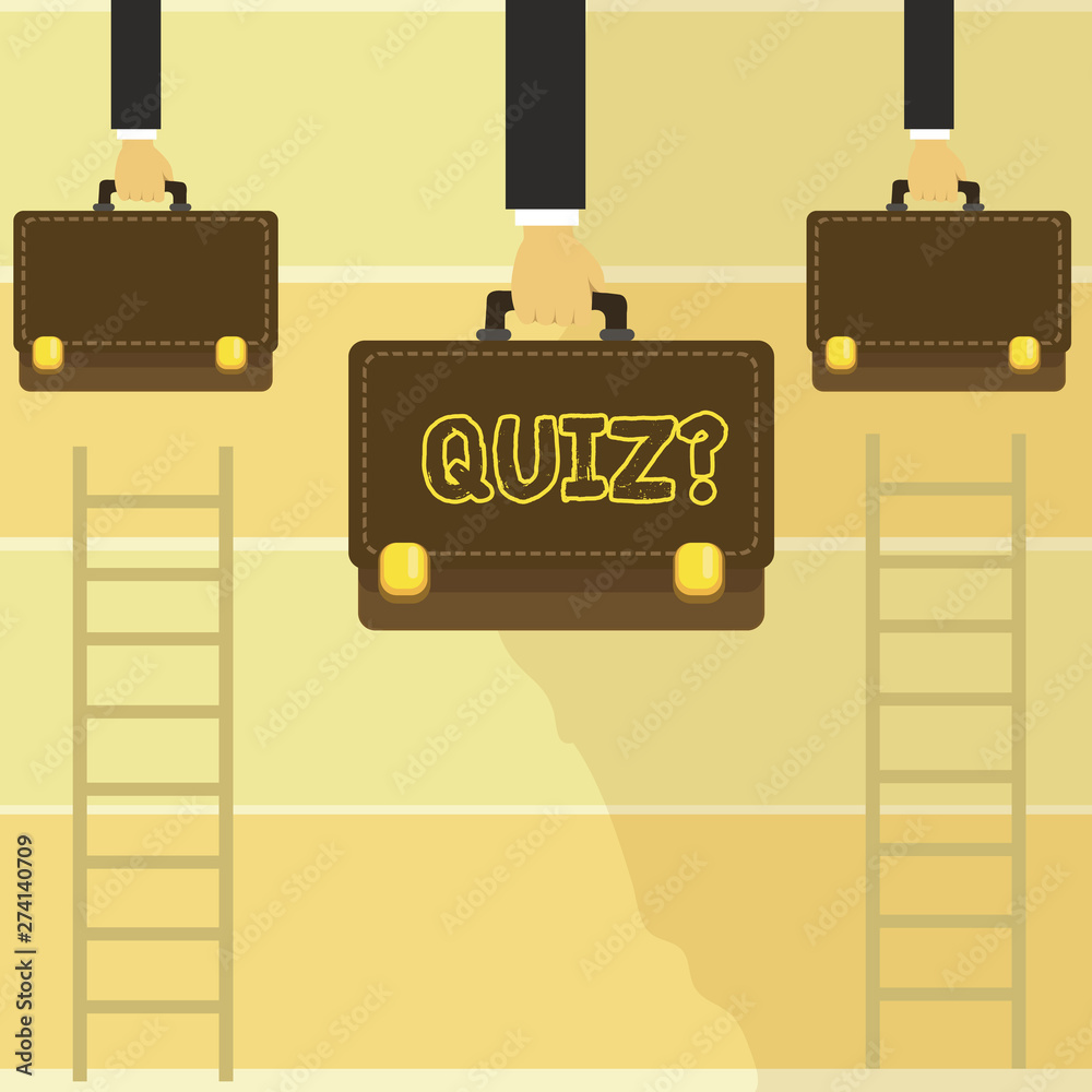 Word writing text Quiz Question. Business photo showcasing test of knowledge as competition between individuals or teams Three Men Hands Carrying Brown Briefcase with Running Stitch Style and Lock Word writing text Quiz Question. Business photo showcasing test of knowledge as competition between individuals or teams Three Men Hands Carrying Brown Briefcase with Running Stitch Style and Lock