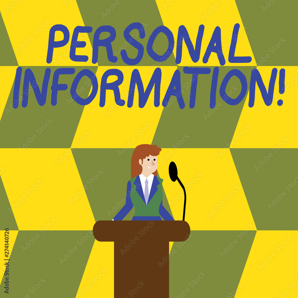 Writing note showing Personal Information. Business concept for recorded information about an identifiable individual Businesswoman Behind Podium Rostrum Speaking on Microphone