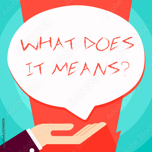 Conceptual hand writing showing What Does It Means question. Concept meaning asking meaning something said and do not understand Palm Up in Supine position Donation Hand Sign Speech Bubble
