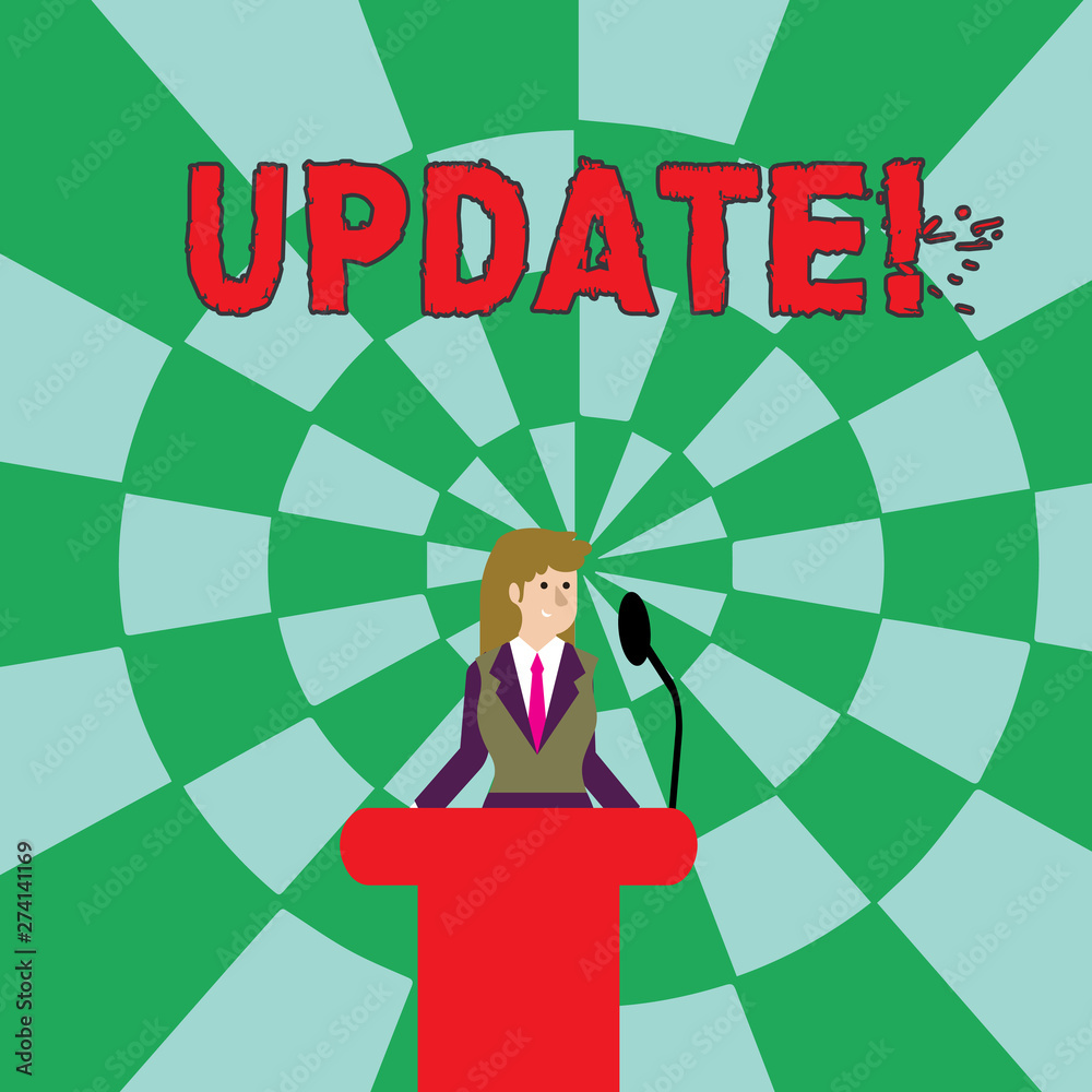 Handwriting text UPDATE. Conceptual photo make something more modern or up to date like software program Businesswoman Standing Behind Podium Rostrum Speaking on Wireless Microphone Handwriting text UPDATE. Conceptual photo make something more modern or up to date like software program Businesswoman Standing Behind Podium Rostrum Speaking on Wireless Microphone