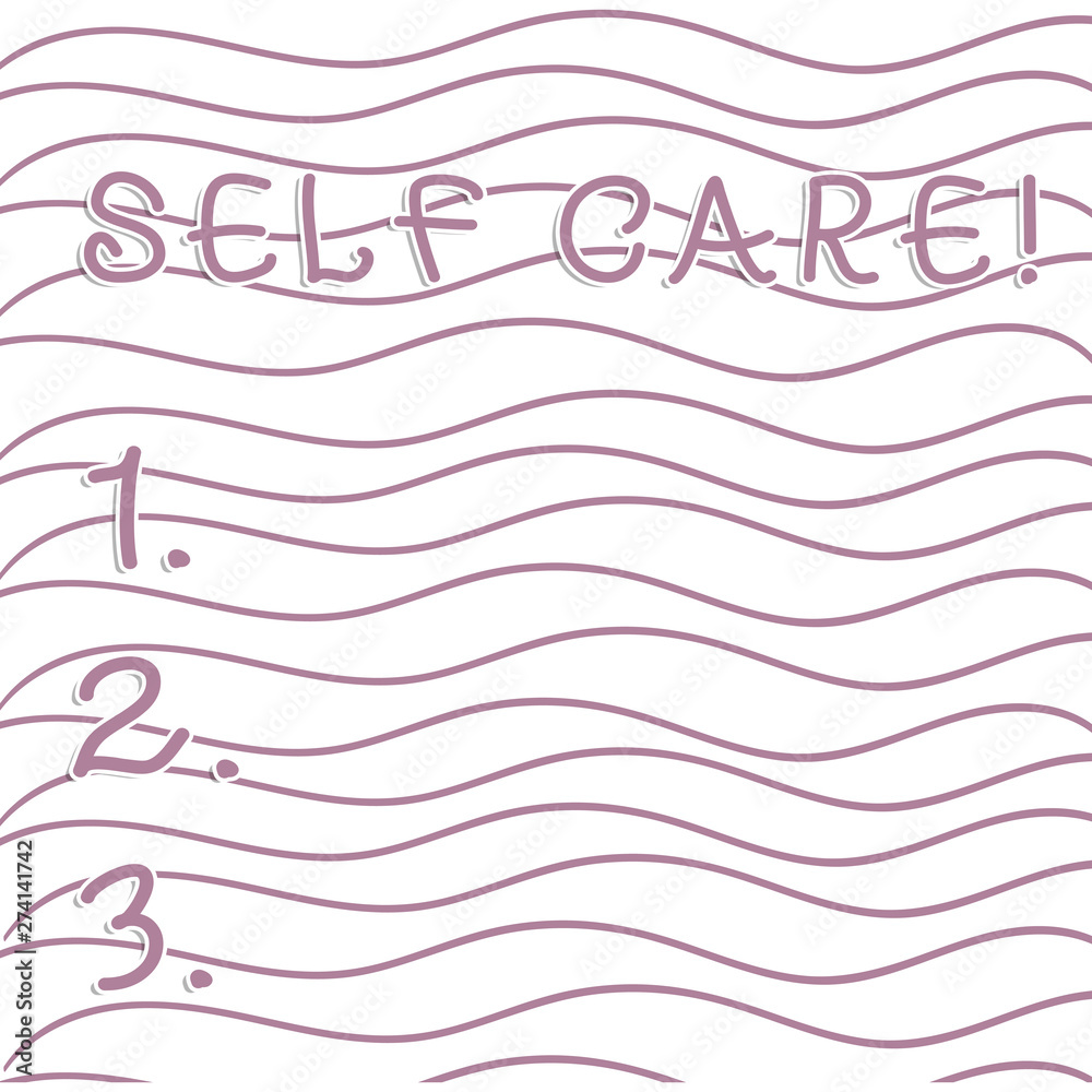 Handwriting text writing Self Care. Conceptual photo practice of taking action to preserve or improve ones own health Horizontal Repetition of Curvy Violet Lines Print Pattern on White Isolated