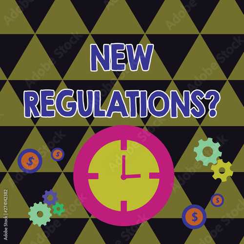 Writing note showing New Regulations Question. Business concept for rules made government order control way something is done Time Management Icons of Clock  Cog Wheel Gears and Dollar