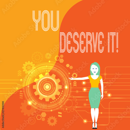 Handwriting text You Deserve It. Conceptual photo should have it because of their qualities or actions Woman Standing and Presenting the SEO Process with Cog Wheel Gear inside