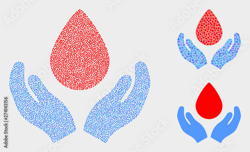 Dotted and mosaic blood care hands icons. Vector icon of blood care hands created of scattered circle pixels. Other pictogram is created from small squares.