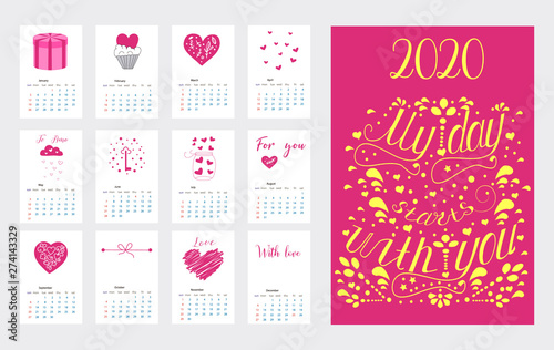 Calendar Layout for 2020 years. Calendar design with the main symbols of the love .Simple design template,colorful vector typography set. Vertical calender. - Vector