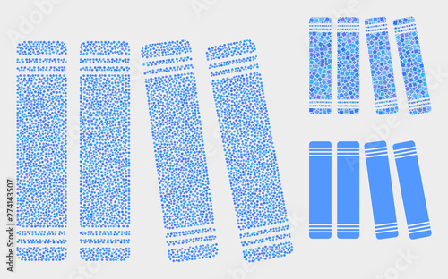 Pixel and mosaic books icons. Vector icon of books combined with irregular spheric dots. Other pictogram is combined from square dots.