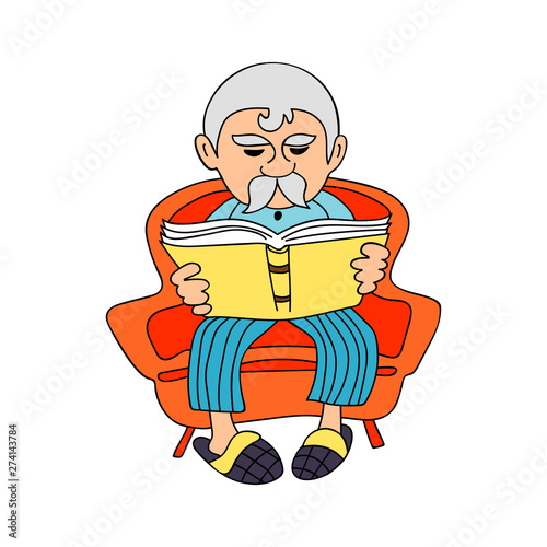 Vector grandfather reading a book isolation on the white background