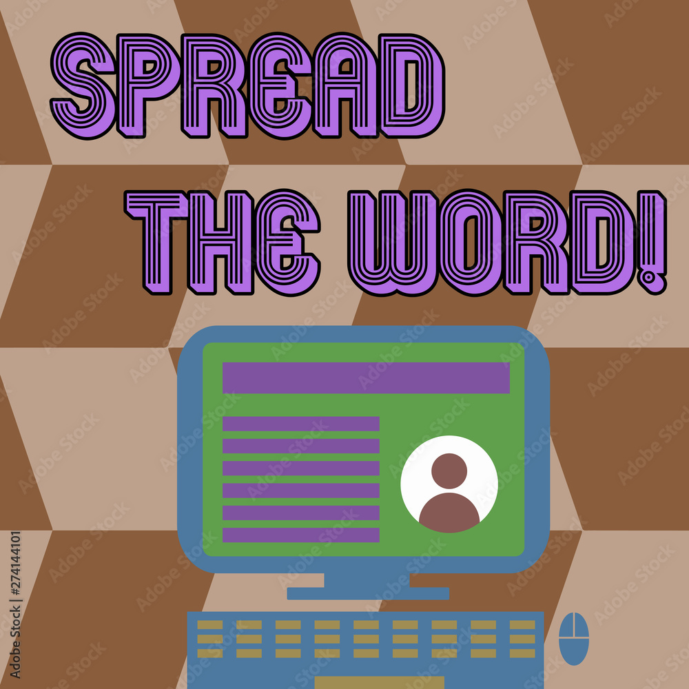 Writing note showing Spread The Word. Business concept for share the information or news using social media Computer Mounted on Stand with Online Profile Data on Screen Writing note showing Spread The Word. Business concept for share the information or news using social media Computer Mounted on Stand with Online Profile Data on Screen