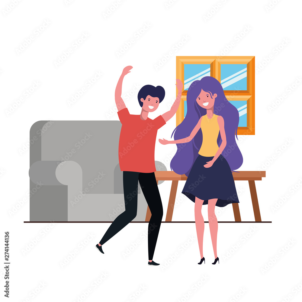young couple dancing in living room character young couple dancing in living room character