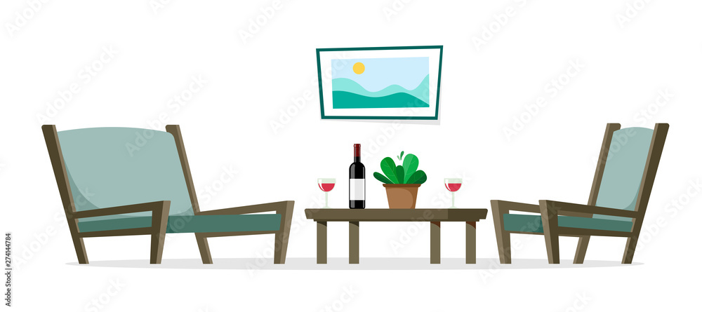 Fototapeta premium Chairs loungers for the rest with a table. vector isolates on a white background in cartoon flat style
