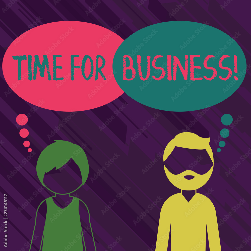 Conceptual hand writing showing Time For Business. Concept meaning fulfil transactions within period promised to client Bearded Man and Woman with the Blank Colorful Thought Bubble Conceptual hand writing showing Time For Business. Concept meaning fulfil transactions within period promised to client Bearded Man and Woman with the Blank Colorful Thought Bubble