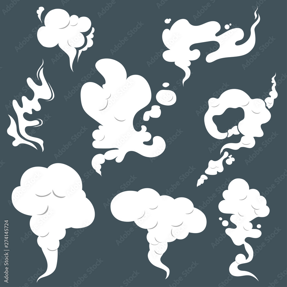 Smoke clouds. Steam cloud set. Fog flat isolated clipart. Steam smoke