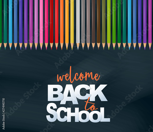Welcome back to school design card with realistic colorful pencils. Vector illustration.