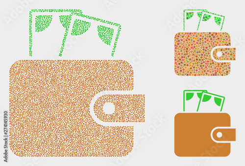 Dot and mosaic cash purse icons. Vector icon of cash purse designed of scattered spheric points. Other pictogram is designed from square pixels.
