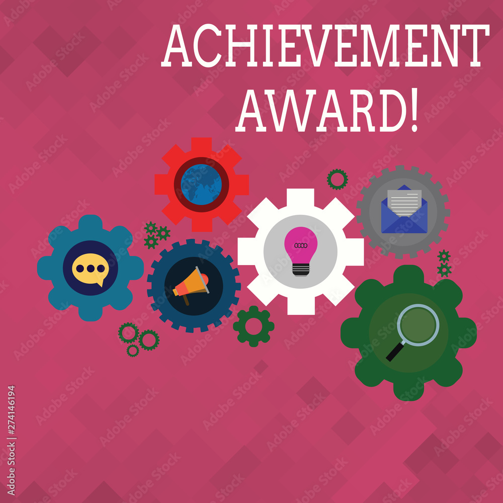 Text sign showing Achievement Award. Business photo text recognizes worthy and outstanding achievement in job skill Set of Global Online Social Networking Icons Inside Colorful Cog Wheel Gear Text sign showing Achievement Award. Business photo text recognizes worthy and outstanding achievement in job skill Set of Global Online Social Networking Icons Inside Colorful Cog Wheel Gear