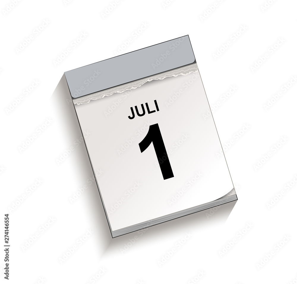 Kalender Juli 1, Abreißkalender mit Datum, Vektor Illustration isoliert auf weißem Hintergrund