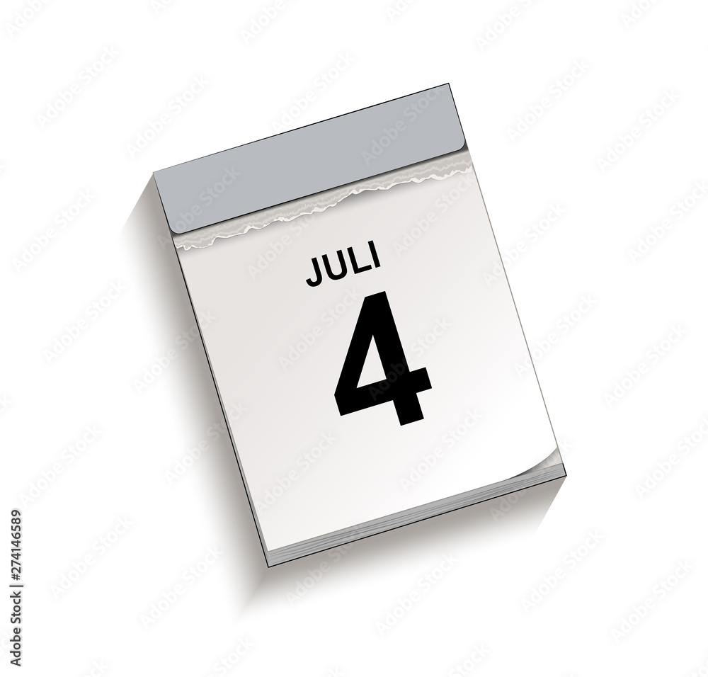 Kalender Juli 4, Abreißkalender mit Datum, Vektor Illustration isoliert auf weißem Hintergrund