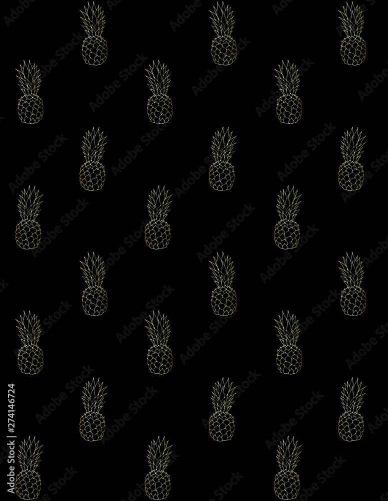 Vector seamless pattern of golden hand drawn doodle sketch pineapple pine apple isolated on black background Vector seamless pattern of golden hand drawn doodle sketch pineapple pine apple isolated on black background