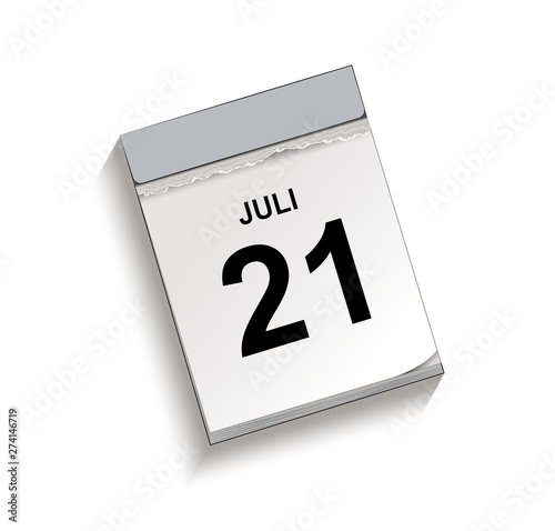 Kalender Juli 21, Abreißkalender mit Datum, Vektor Illustration isoliert auf weißem Hintergrund