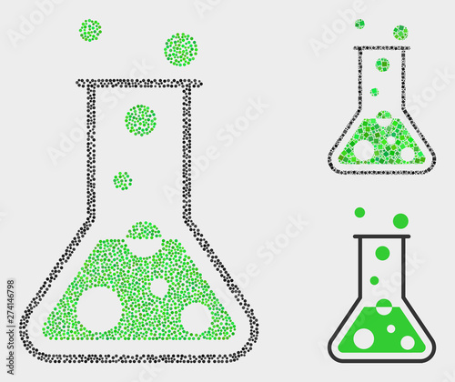 Dot and mosaic chemical retort icons. Vector icon of chemical retort organized of random spheric pixels. Other pictogram is formed from square pixels.