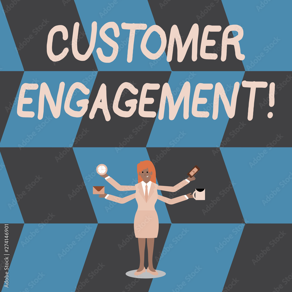 Writing note showing Customer Engagement. Business concept for the emotional connection between a customer and a brand Woman with Four Arms Extending Sideways Workers Needed Item