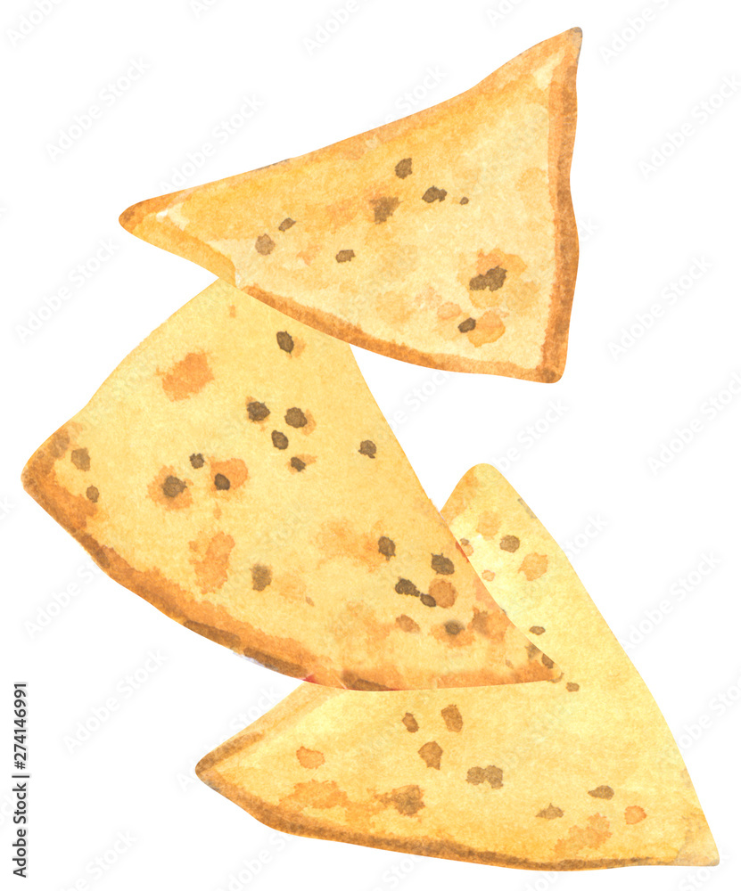 Fastfood, three pieces of nachos, hand drawn watercolor illustration isolated on white Fastfood, three pieces of nachos, hand drawn watercolor illustration isolated on white