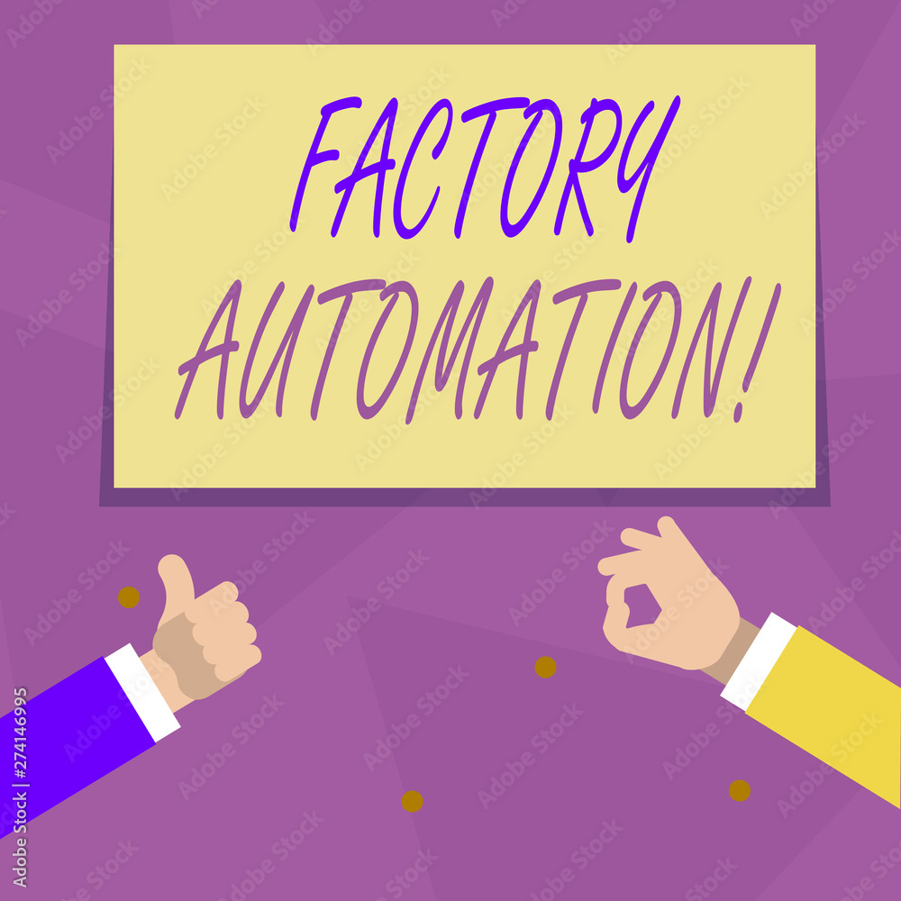 Handwriting text Factory Automation. Conceptual photo automatic operation and control of machinery or processes Two Businessmen Hands Gesturing the Thumbs Up and Okay Sign for Promotion