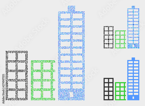 Pixelated and mosaic city buildings icons. Vector icon of city buildings constructed of randomized round points. Other pictogram is constructed from dots.