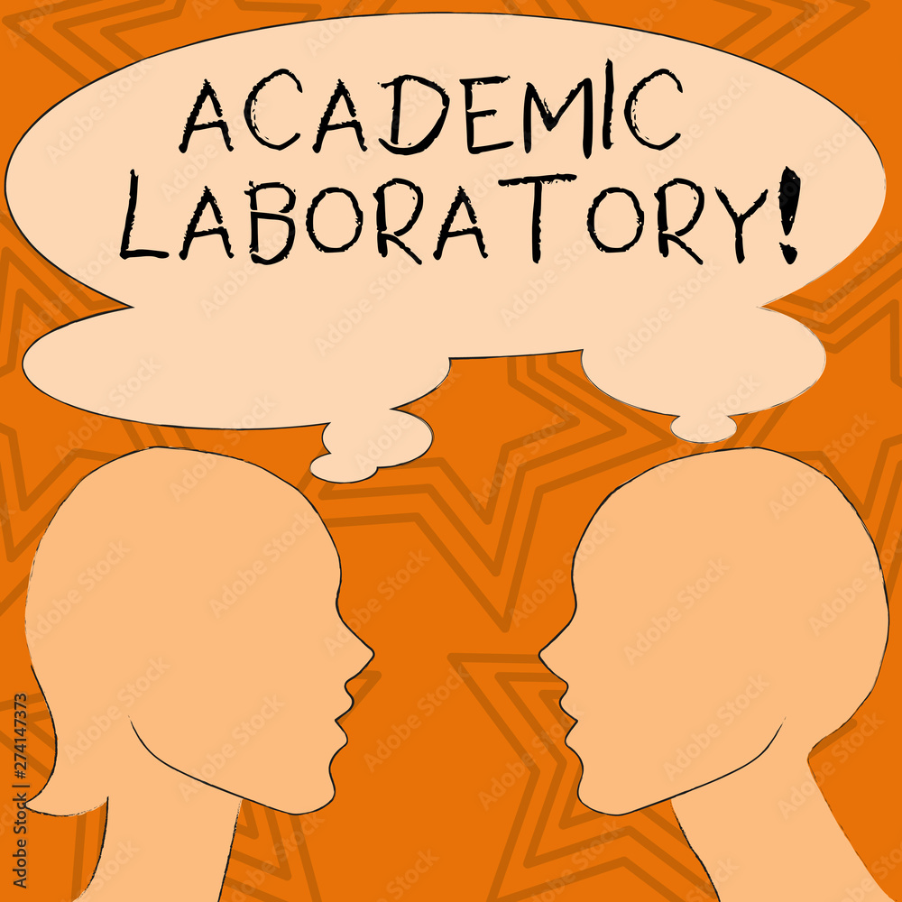 Writing note showing Academic Laboratory. Business concept for where students can go to receive academic support Silhouette Sideview Profile of Man and Woman Thought Bubble