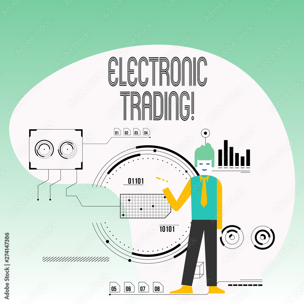 Text sign showing Electronic Trading. Business photo text method of trading financial derivatives electronically Man Standing Holding Pen Pointing to Chart Diagram with SEO Process Icons Text sign showing Electronic Trading. Business photo text method of trading financial derivatives electronically Man Standing Holding Pen Pointing to Chart Diagram with SEO Process Icons