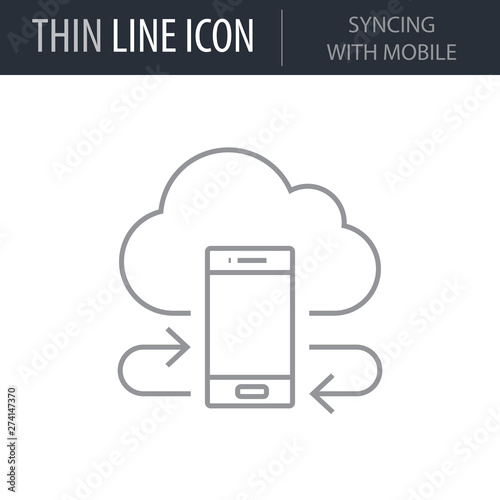 Symbol of Syncing wth Mobile Thin line Icon of Cloud Data Technology. Stroke Pictogram Graphic for Web Design. Quality Outline Vector Symbol Concept. Premium Mono Linear Beautiful Plain Laconic Logo
